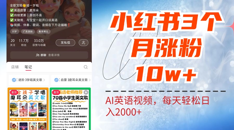 小红书三个月涨粉10W!AI英语视频0成本制作,每天轻松日入2000+-悠闲副业网