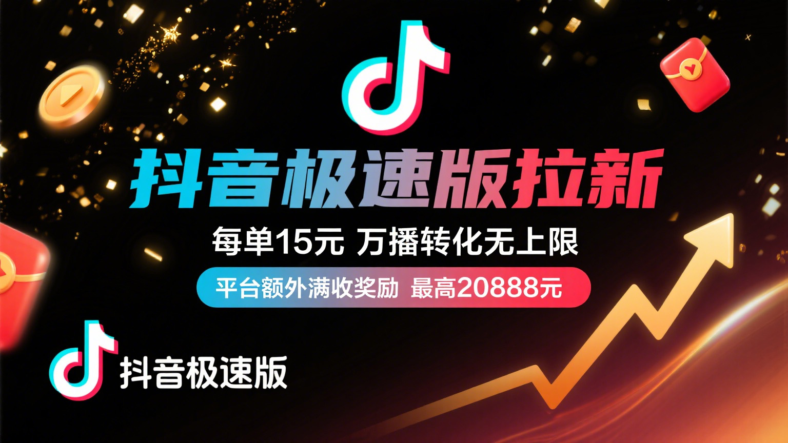 抖音极速版放福利，每单15元，万播转化无上限，平台额外满收奖励，最高可领20888元-悠闲副业网