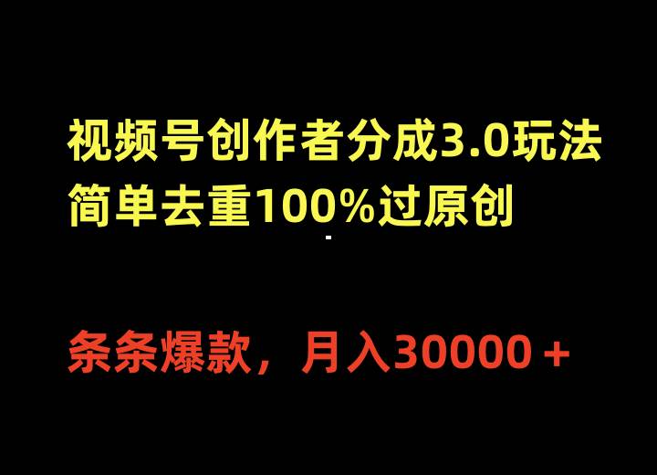 视频号创作者分成3.0玩法，简单去重100%过原创，条条爆款，月入30000＋-悠闲副业网