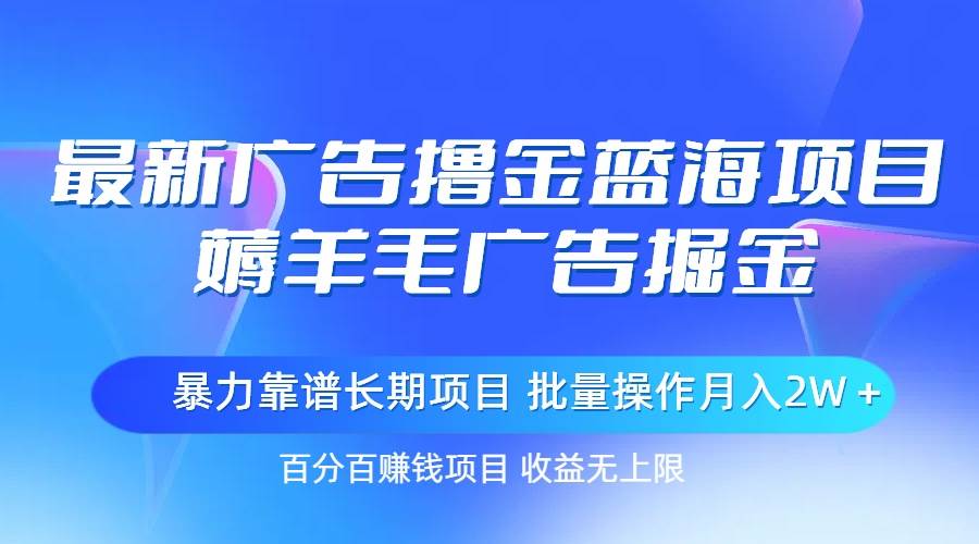 最新广告撸金蓝海项目，薅羊毛广告掘金 长期项目 批量操作月入2W＋-悠闲副业网