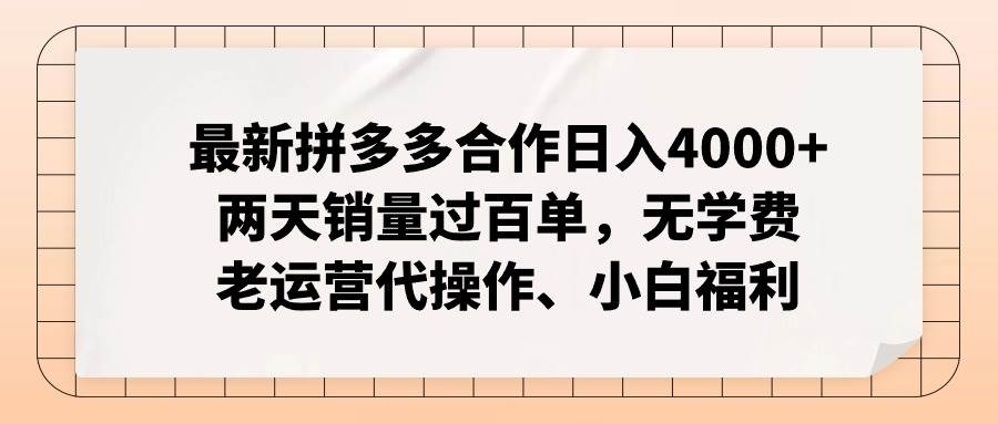 最新拼多多合作日入4000+两天销量过百单，无学费、老运营代操作、小白福利-悠闲副业网