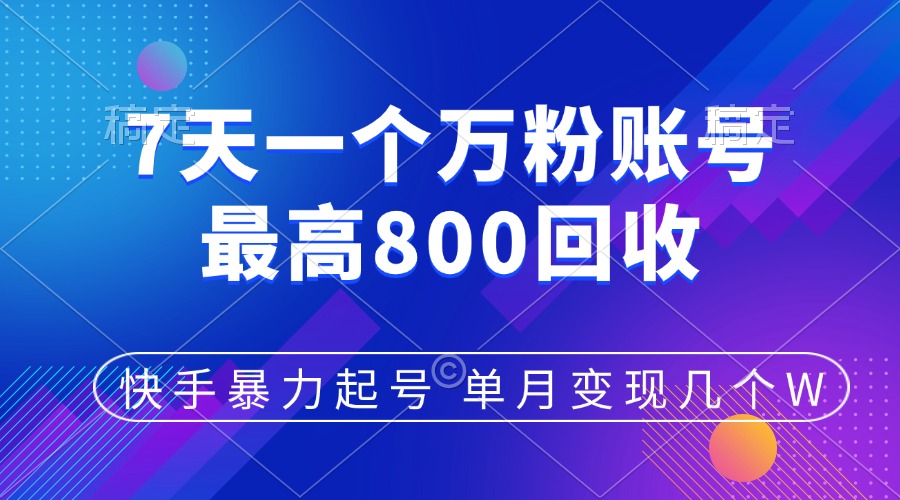 快手暴力起号，7天涨万粉，小白当天起号，多种变现方式，账号包回收，单月变现几个W-悠闲副业网