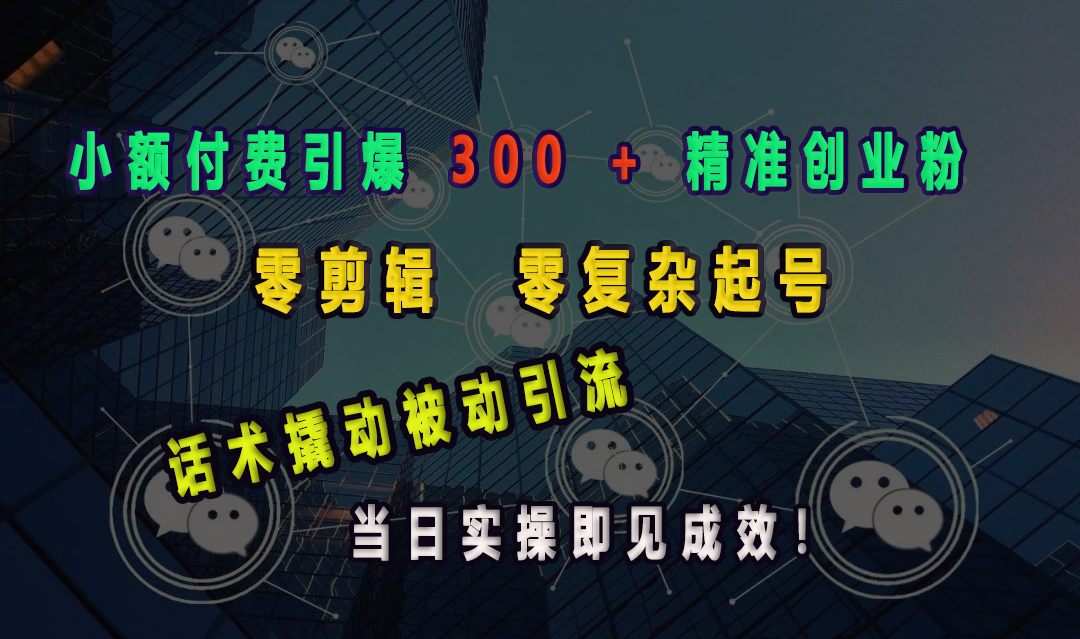 小额付费引爆 300 + 精准创业粉，零剪辑、零复杂起号，话术撬动被动引流，当日实操即见成效！-悠闲副业网