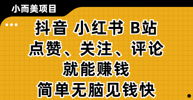 小而美的项目，抖音、小红书、B站视频点赞、关注、评论就能赚钱，简单无脑立见收益！妥妥的零撸项目-悠闲副业网