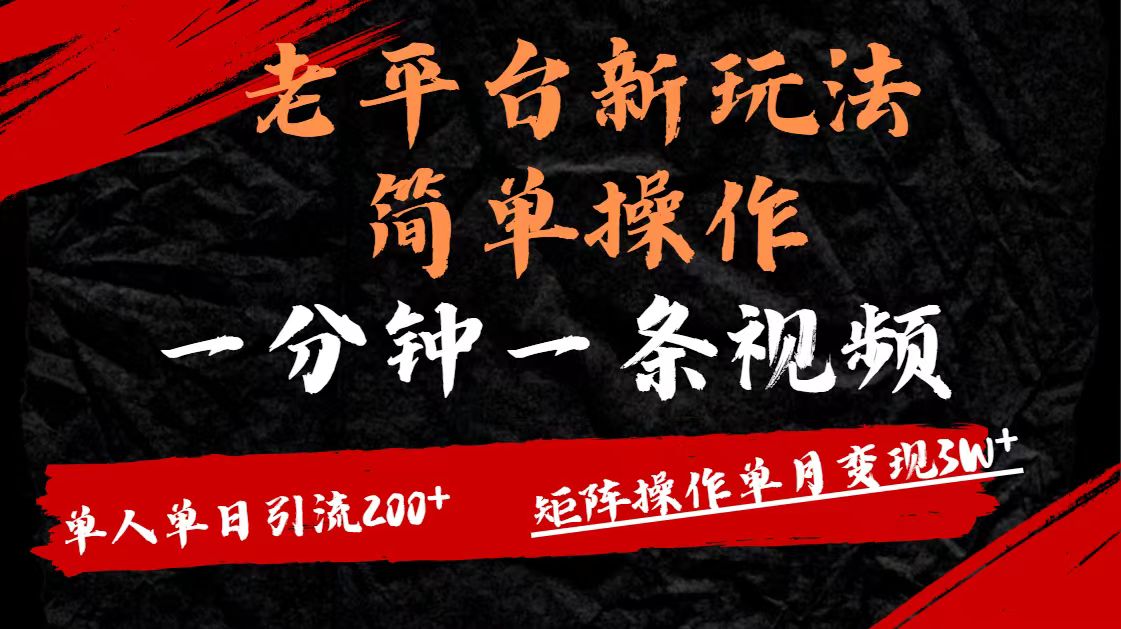 老平台，新玩法，简单操作，一分钟一条视频，单人单人引流200+矩阵操作，单月变现3W-悠闲副业网