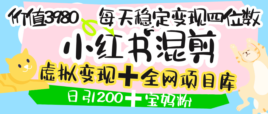 价值3980的小红书混剪， 虚拟变现 ＋全网项目库 ， 日引200+宝妈创业粉，每天稳定四位数变现-悠闲副业网