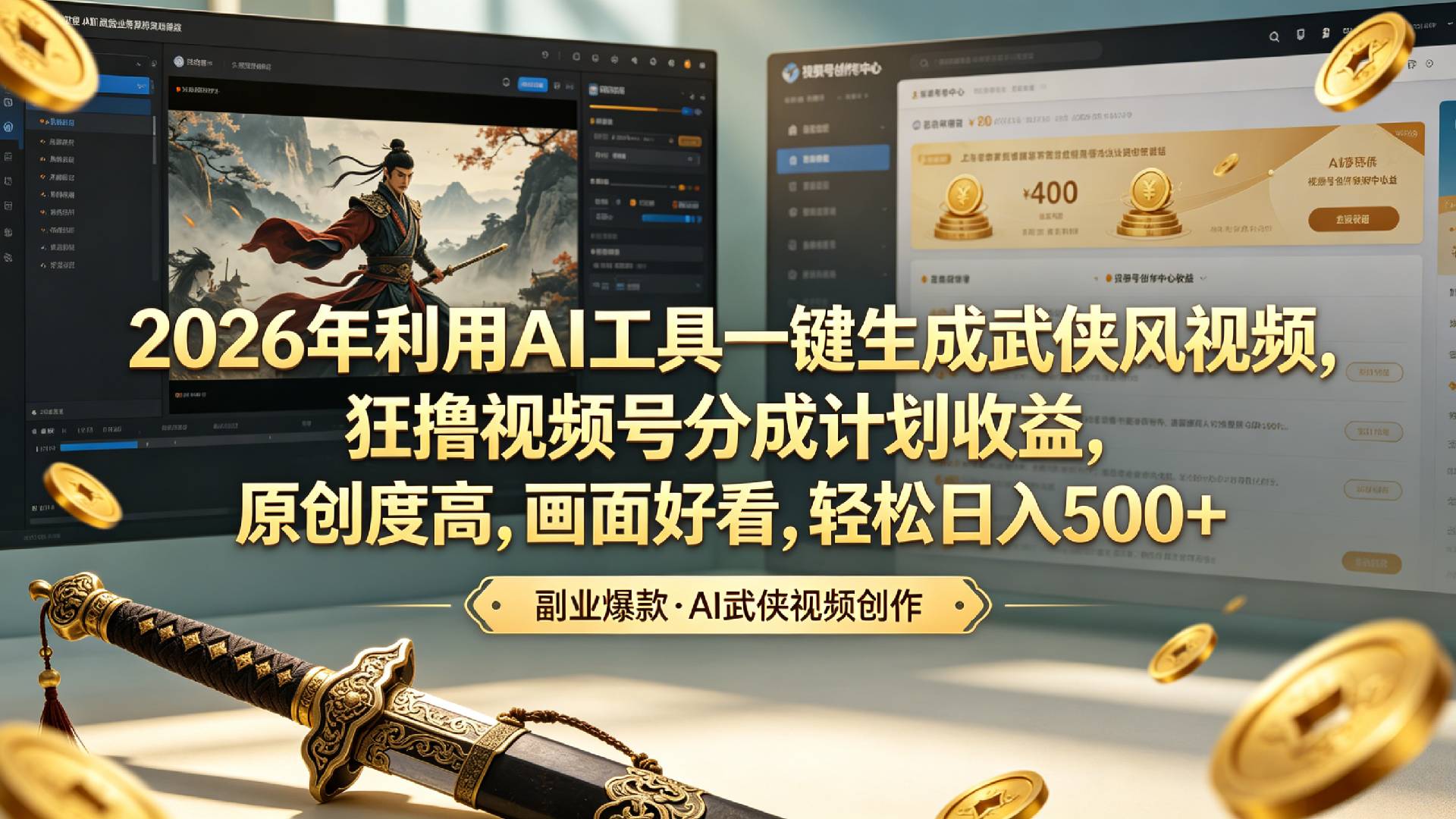 2026年利用AI工具一键生成武侠风视频,狂撸视频号分成计划收益,原创度高,画面好看,轻松日入500+-悠闲副业网