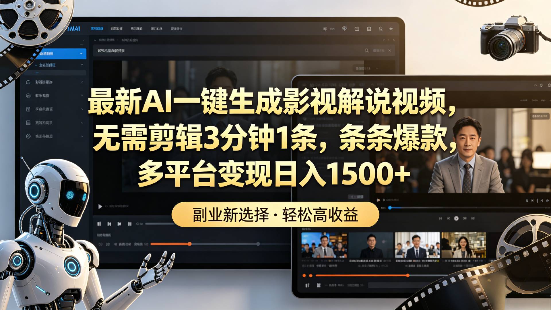最新AI一键生成影视解说视频,无需剪辑3分钟1条,条条爆款,多平台变现日入1500+-悠闲副业网