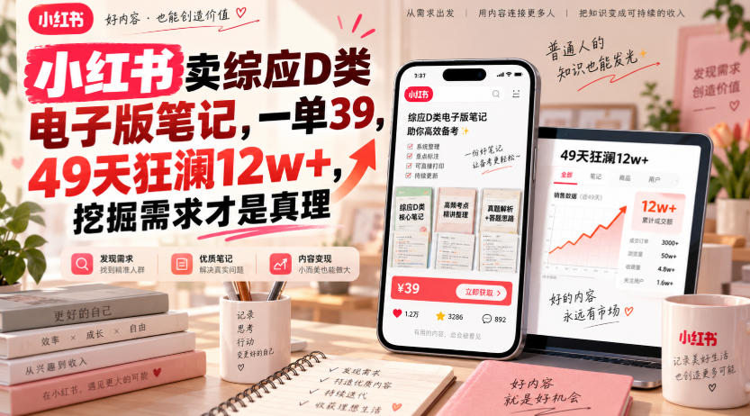 小红书卖综应D类电子版笔记,一单39,49天狂澜12w+,挖掘需求才是真理-悠闲副业网