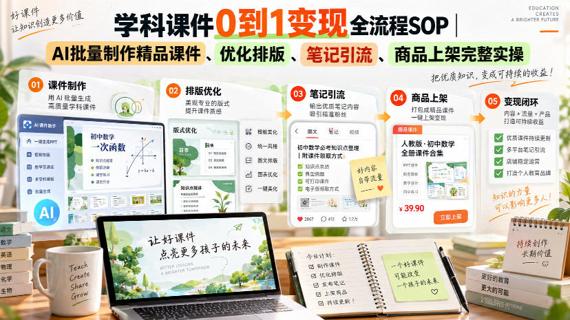学科课件0到1变现全流程SOP｜AI批量制作精品课件、优化排版、笔记引流、商品上架完整实操​-悠闲副业网